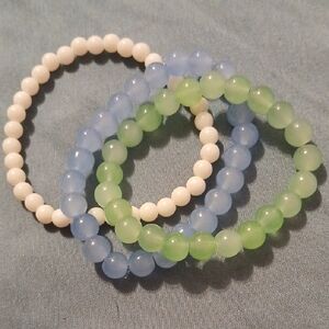 Elegant Blue, Green, and White Beaded Bracelet Set